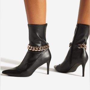 NIB Black Faux Leather Chain Link Pointed Toe Booties